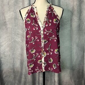 C & E Purple Floral V-Neck Racerback Top with Sheer Back - size Small